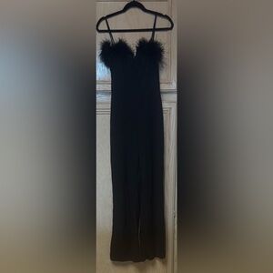 Windsor Black Feathered Jumpsuit Women Size Medium Wide Leg Spaghetti Straps
